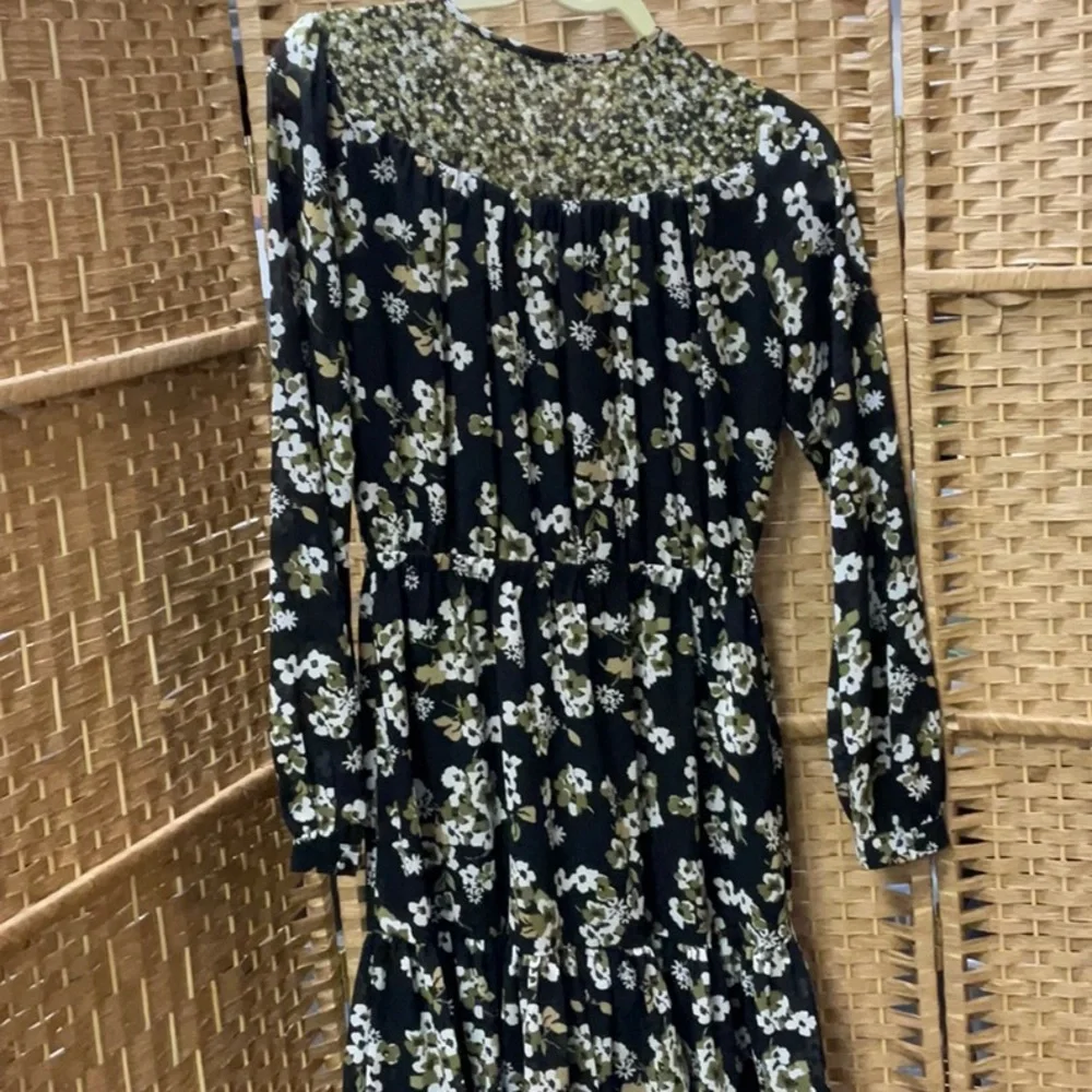Michael Kors Black Floral Smocked Yoke Long-Sleeve Dress